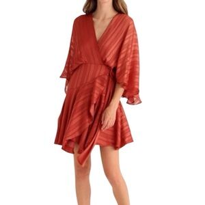 BTFL-life Womens Dress Size S Rust Terracotta Belted Ruffle V Neck Bohemian